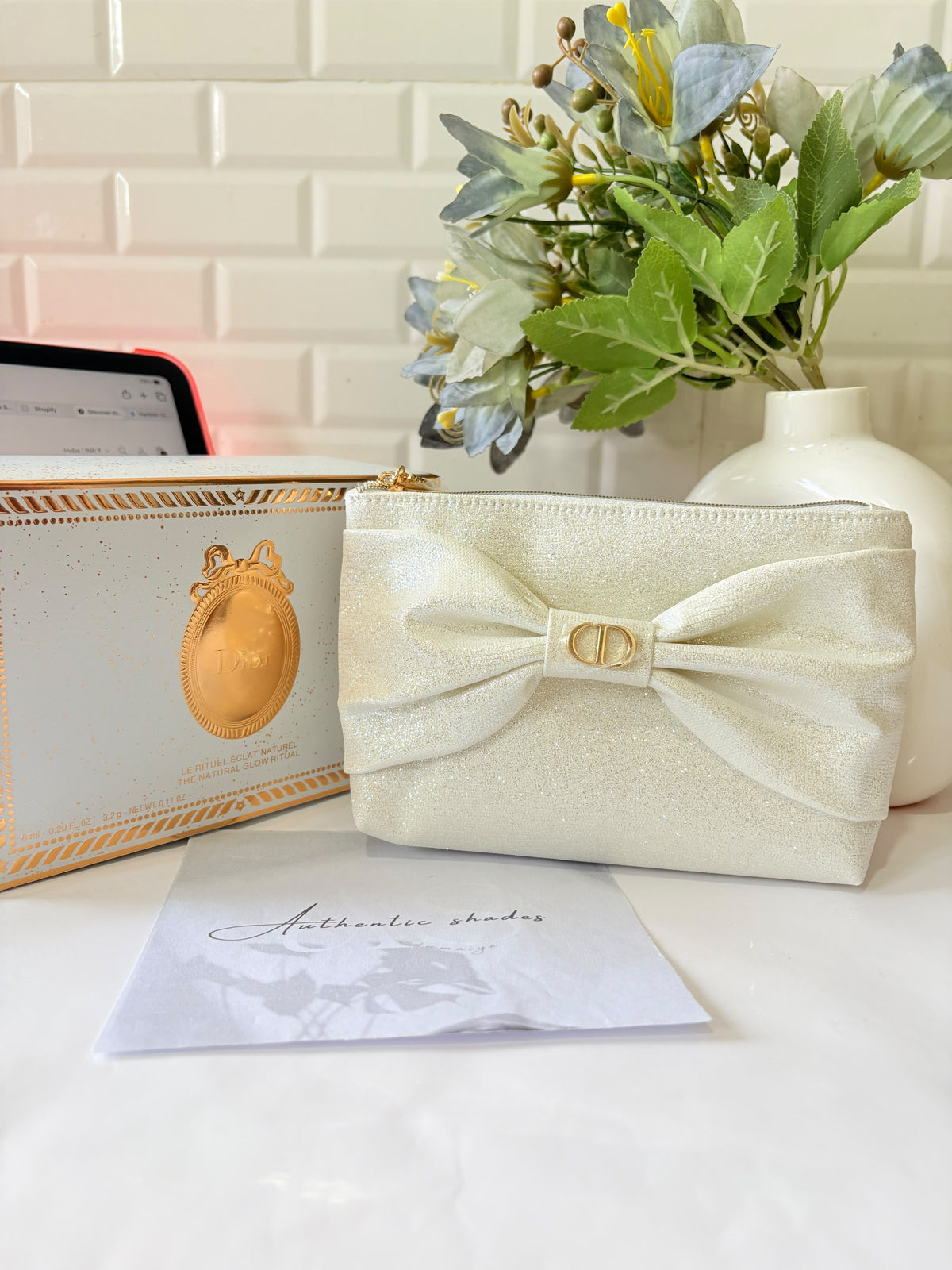 Dior limited edition white sparkly bow pouch