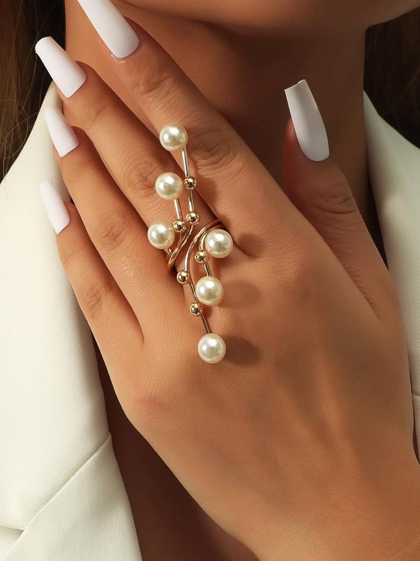 Gold Tone Big Branch Pearls Statement Ring - Open Ring Adjustable