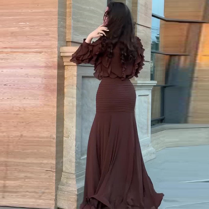 RUFFLE LONG SLEEVE TOP & RIBBED MERMAID MAXI SKIRT