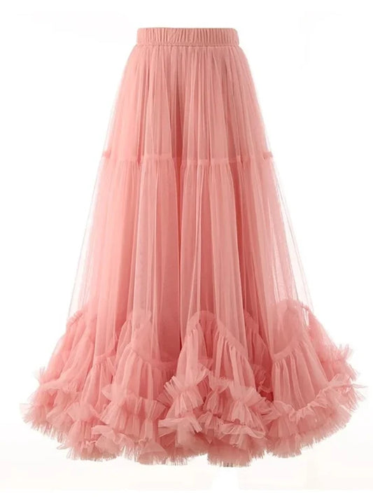High Elastic Waist Mesh Ruffles A-line Elegant Skirt