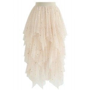 SHOOTING STARS ASYMMETRIC TIERED MESH SKIRT