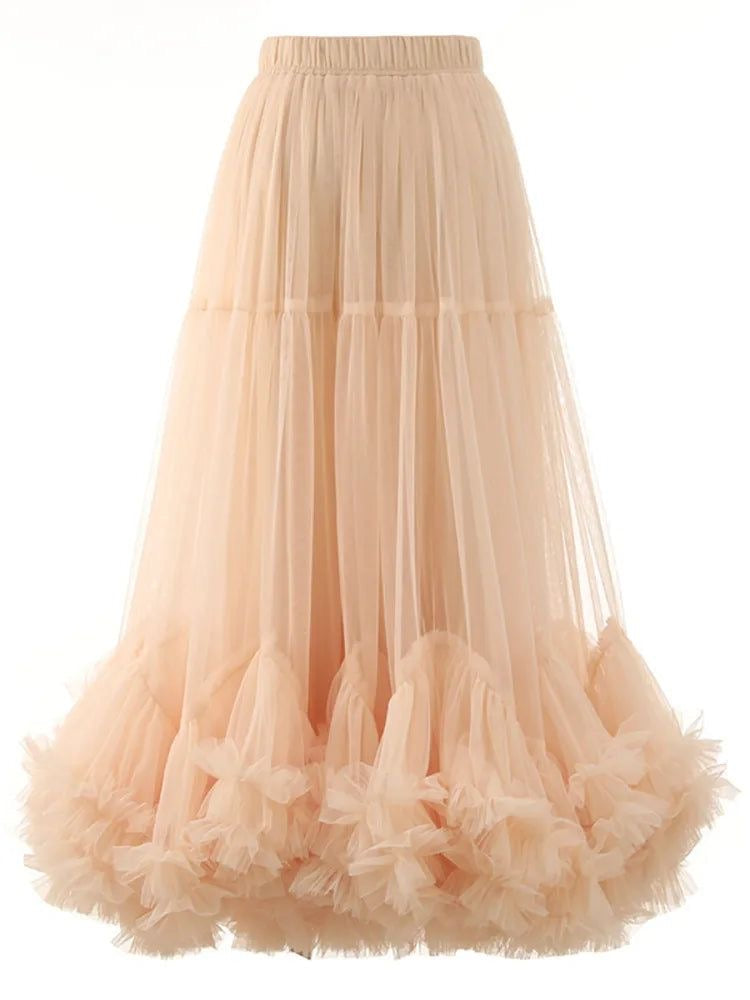 High Elastic Waist Mesh Ruffles A-line Elegant Skirt