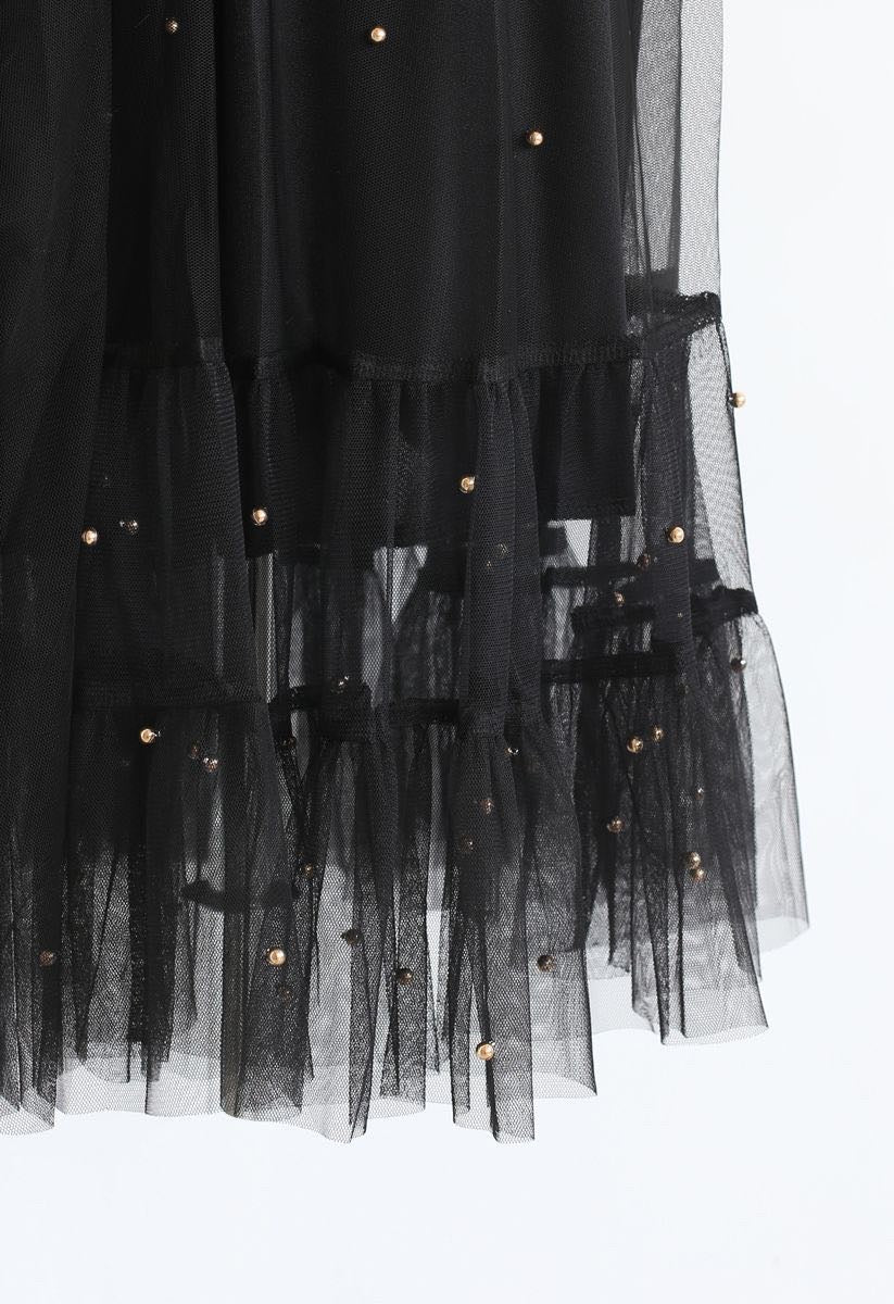 BEADS EMBELLISHMENT TULLE MESH SKIRT IN BLACK