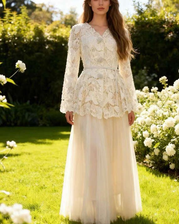 Fairy Hollow Butterfly Lace Open Knitted Long Skirt Set