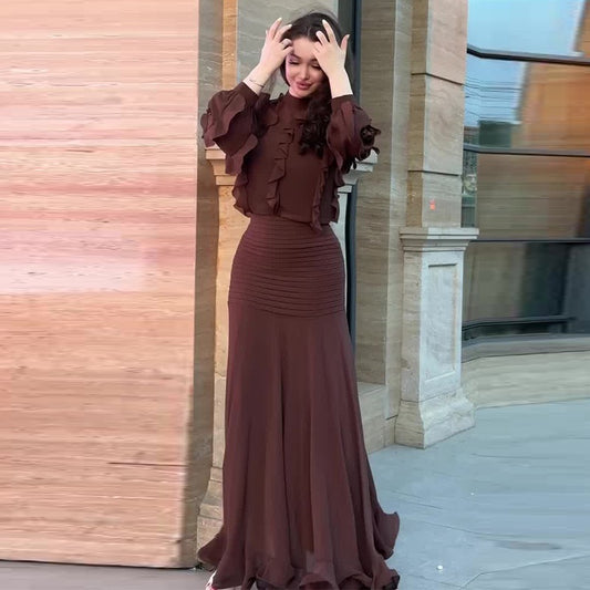 RUFFLE LONG SLEEVE TOP & RIBBED MERMAID MAXI SKIRT