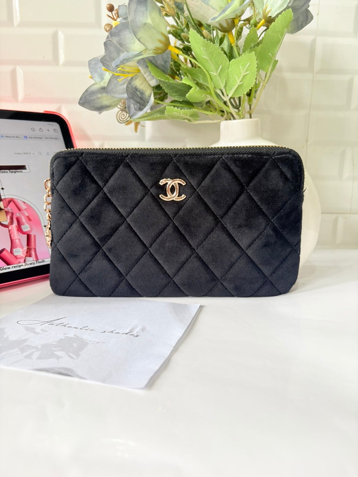 Chanel VIP black quilted velvet pouch