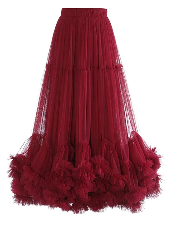 High Elastic Waist Mesh Ruffles A-line Elegant Skirt