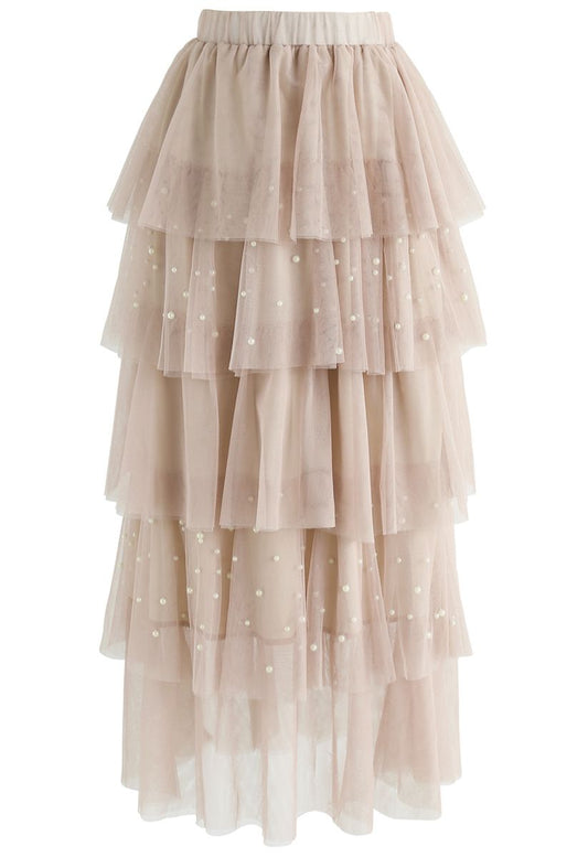 SURROUNDED BY PEARLS TIERED MESH SKIRT