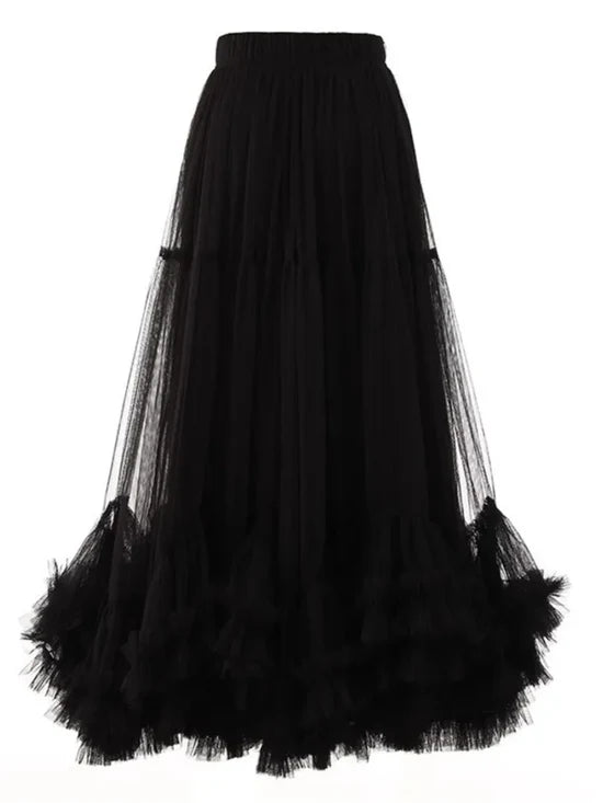High Elastic Waist Mesh Ruffles A-line Elegant Skirt