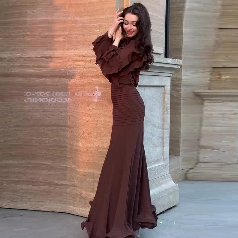 RUFFLE LONG SLEEVE TOP & RIBBED MERMAID MAXI SKIRT