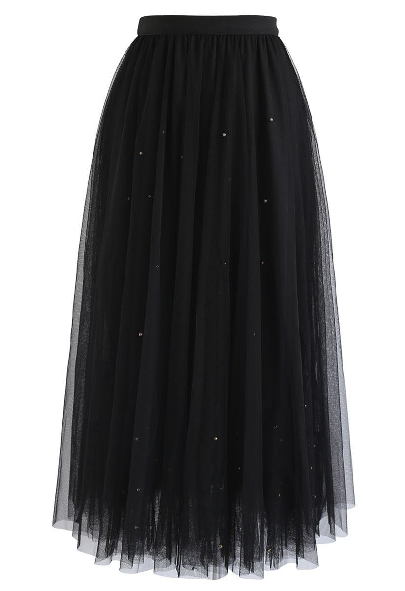 BEADS EMBELLISHMENT TULLE MESH SKIRT IN BLACK