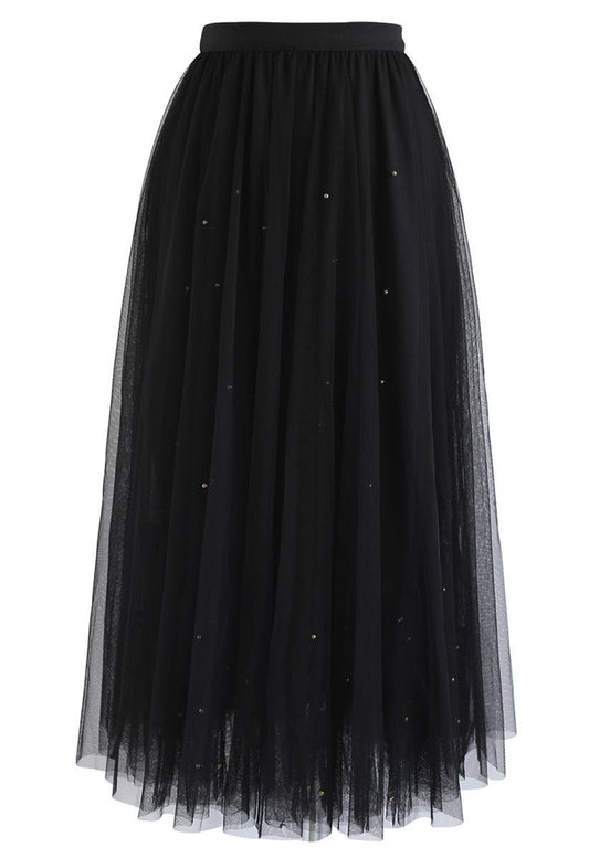 BEADS EMBELLISHMENT TULLE MESH SKIRT IN BLACK