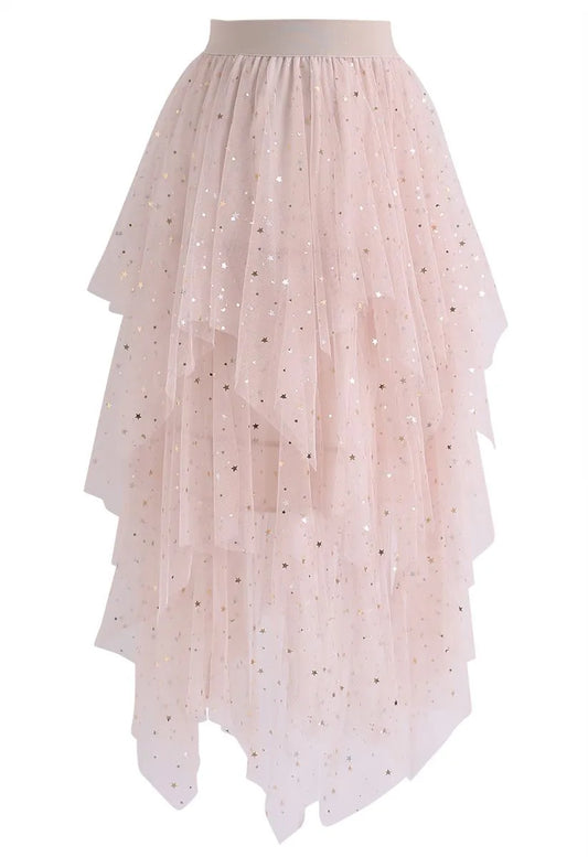 SHOOTING STARS ASYMMETRIC TIERED MESH SKIRT