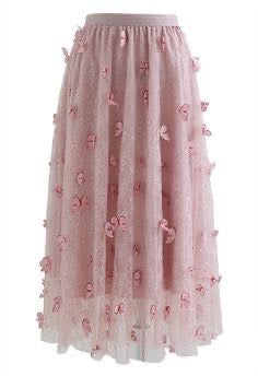 DOUBLE-LAYERED 3D BUTTERFLY LACE MESH SKIRT