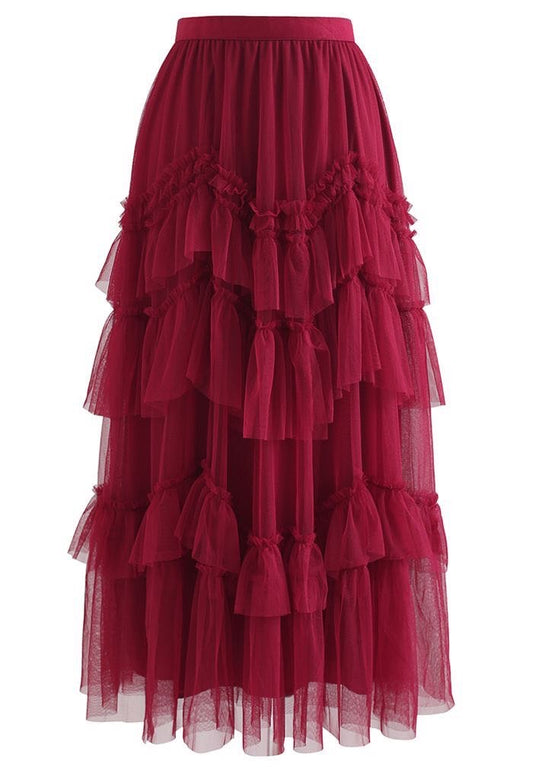 EXQUISITE TIERED RUFFLE MESH TULLE SKIRT