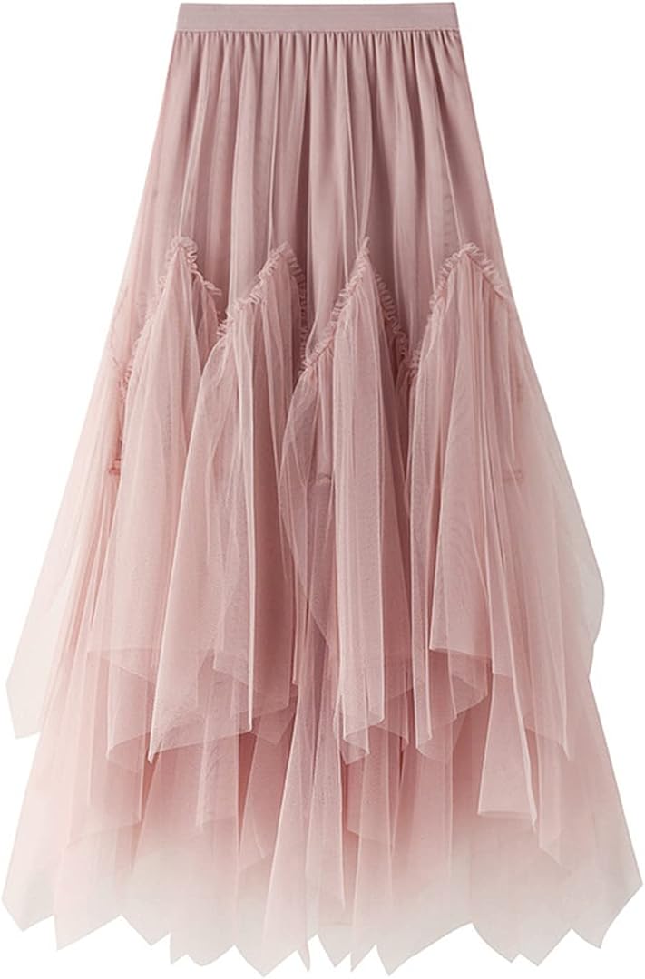 Tulle Skirt Formal High Low Asymmetrical A-Line Fairy Elastic Waist Layered Long Midi Skirts