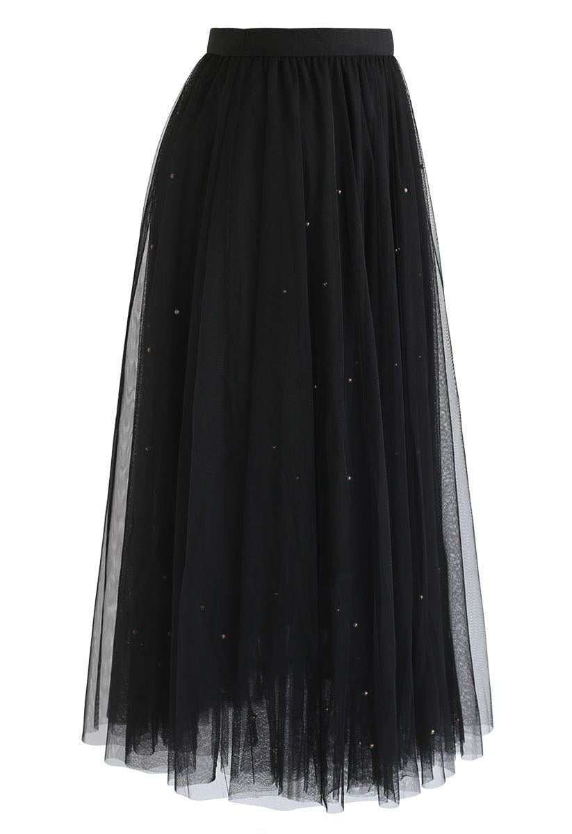 BEADS EMBELLISHMENT TULLE MESH SKIRT IN BLACK