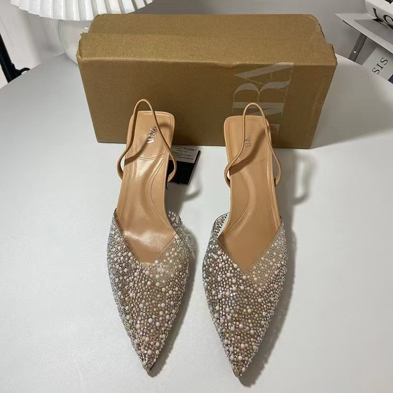 Zara Women's High Heel Sandals Transparent Pointed Toe Elegant Women's Fashion Shoes Pearl