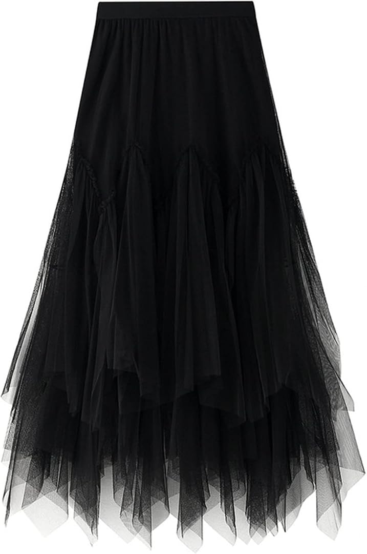 Tulle Skirt Formal High Low Asymmetrical A-Line Fairy Elastic Waist Layered Long Midi Skirts