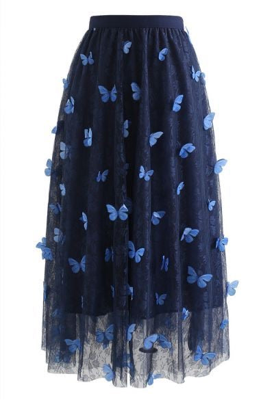 DOUBLE-LAYERED 3D BUTTERFLY LACE MESH SKIRT