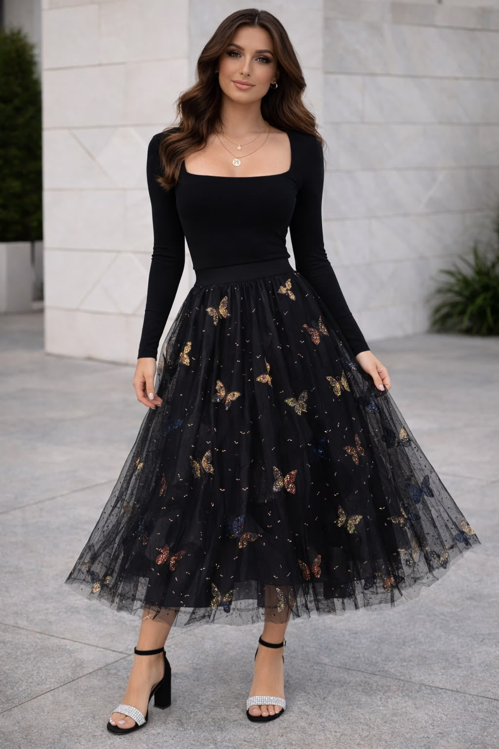 DOUBLE-LAYERED 3D BUTTERFLY LACE MESH SKIRT