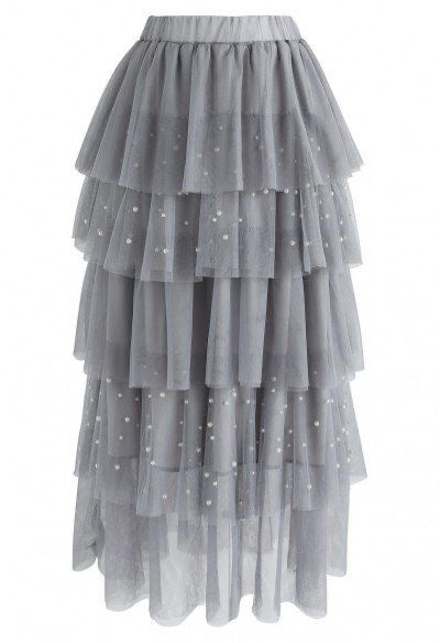 SURROUNDED BY PEARLS TIERED MESH SKIRT