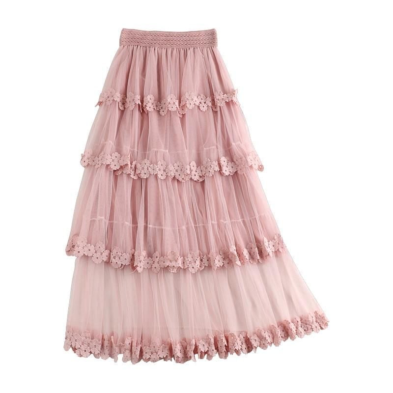 WOZOW Pleated Tulle Skirt Crinkle Tiered Midi Skirts