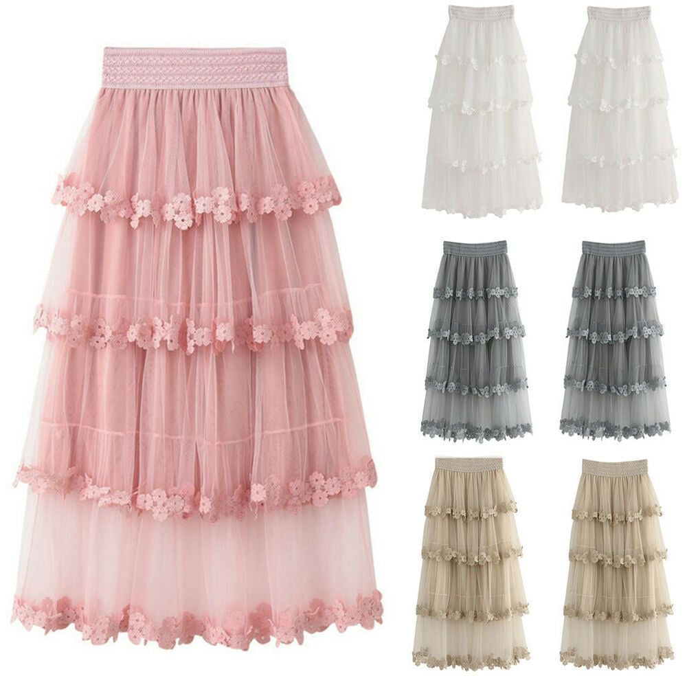 WOZOW Pleated Tulle Skirt Crinkle Tiered Midi Skirts