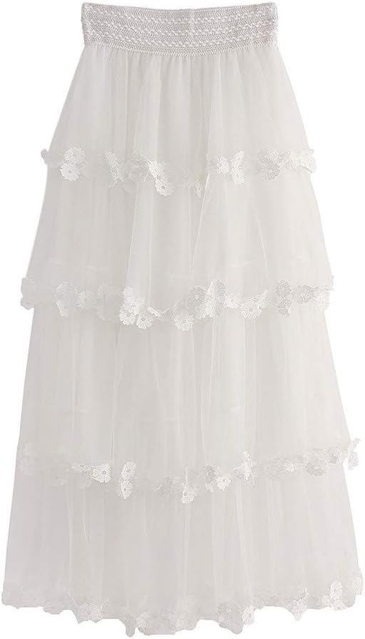 WOZOW Pleated Tulle Skirt Crinkle Tiered Midi Skirts