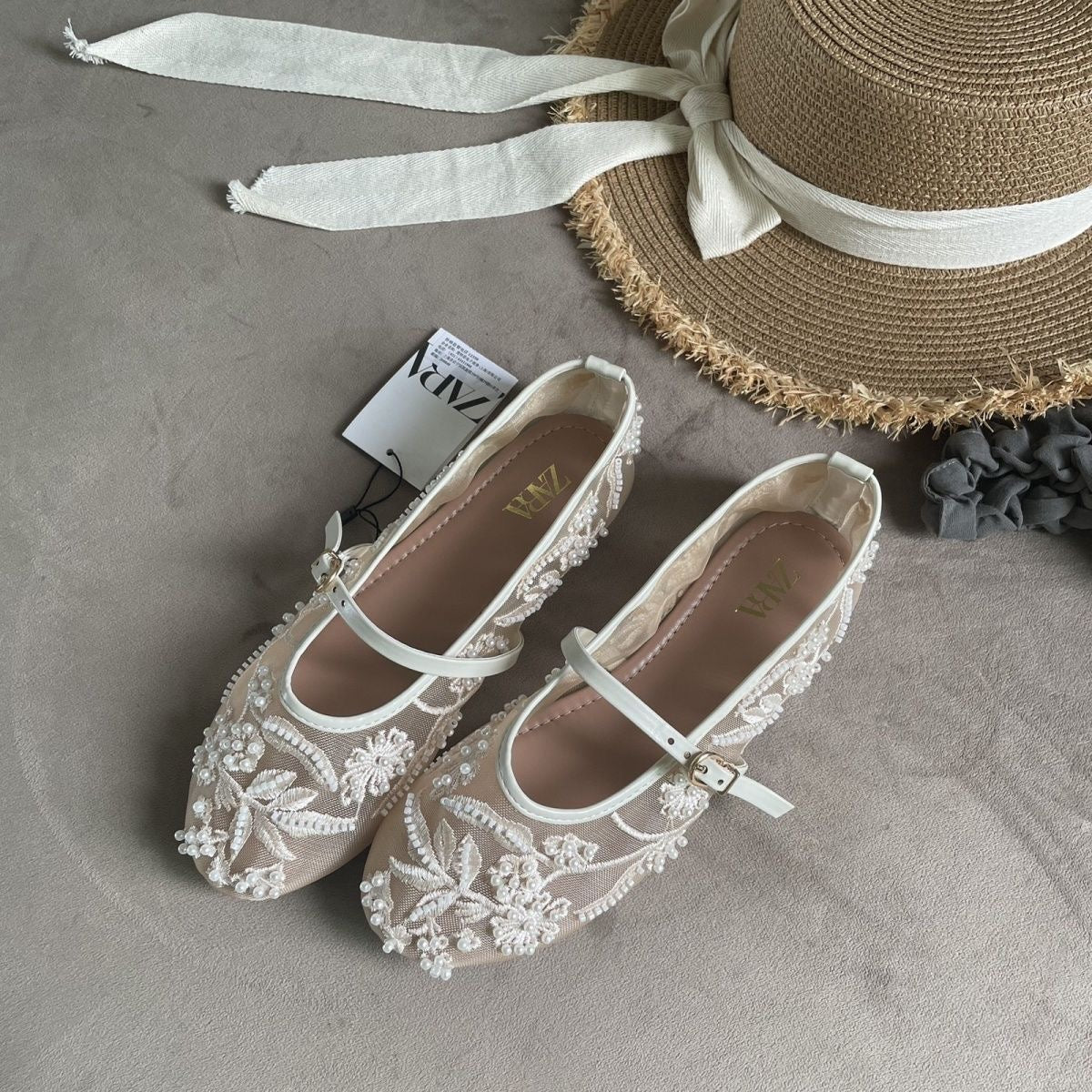 Zara Embroidered Mesh Ballerinas heel